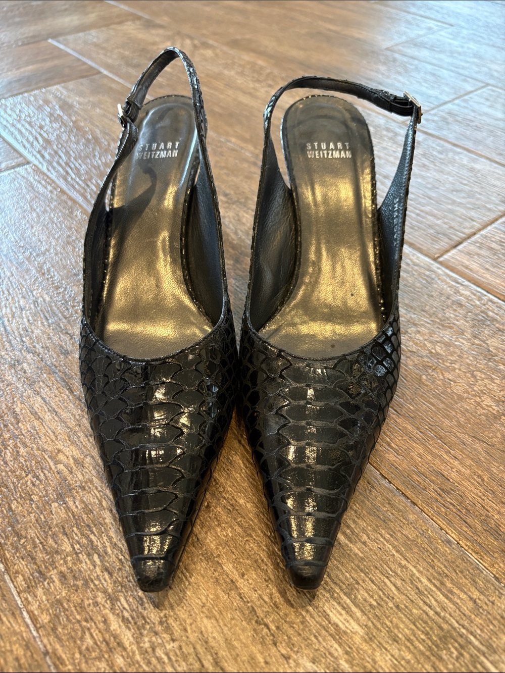Stuart Weitzman Black Textured Pointed Slingback Heels